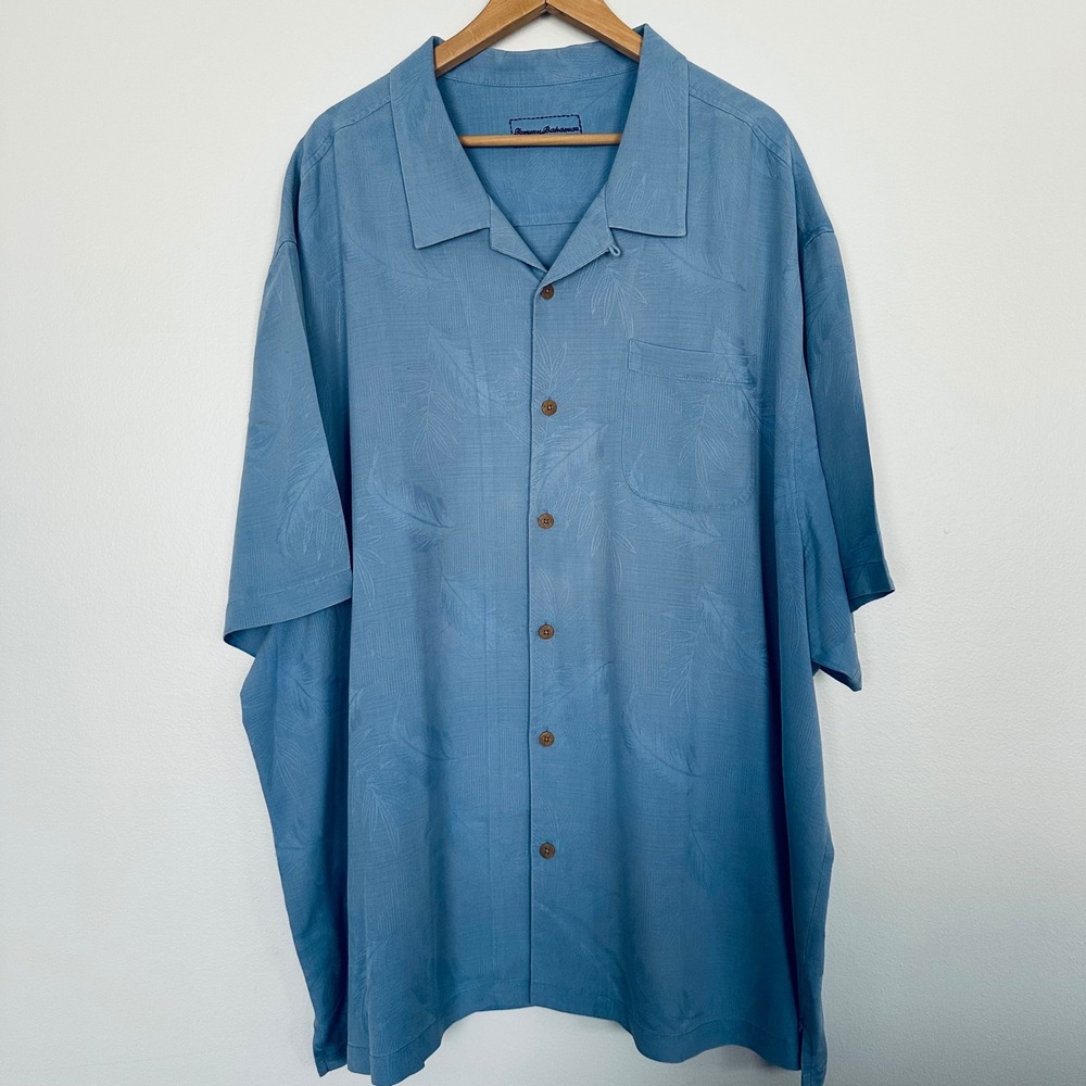 Tommy Bahama 109% Silk Camp Shirt Mens 4XB Blue Jacquard Leaf Short Sleeve - Picture 2 of 15